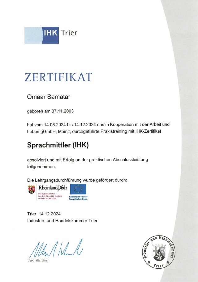 Zertifikat Sprachmittler - Omaar Samatar